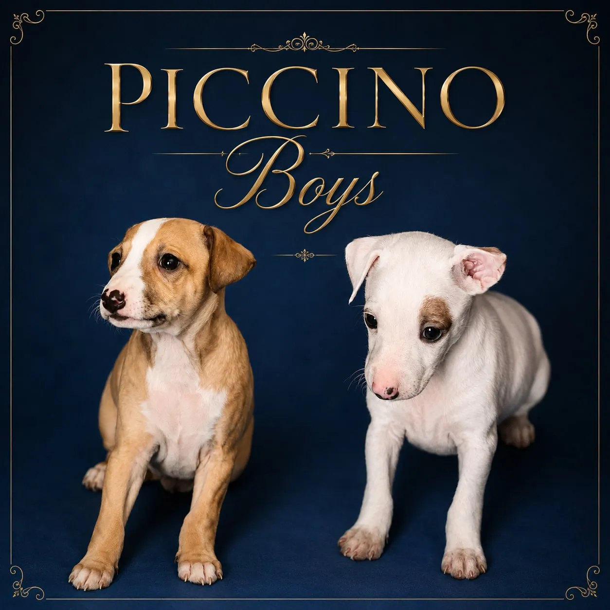 Two Piccino boy puppies, one fawn and white and one white with a red patch over one eye, sitting on a navy blue backdrop.