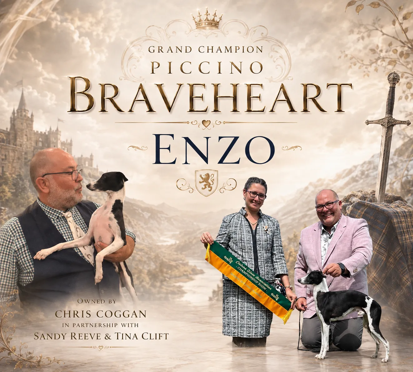 Poster for Enzo, a black and white Italian Greyhound, shown held by Chris Coggan and standing in the ring beside a judge presenting a championship show sash, against a castle and mountain backdrop. Owned by Chris Coggan in partnership with Sandy Reeve and Tina Clift.