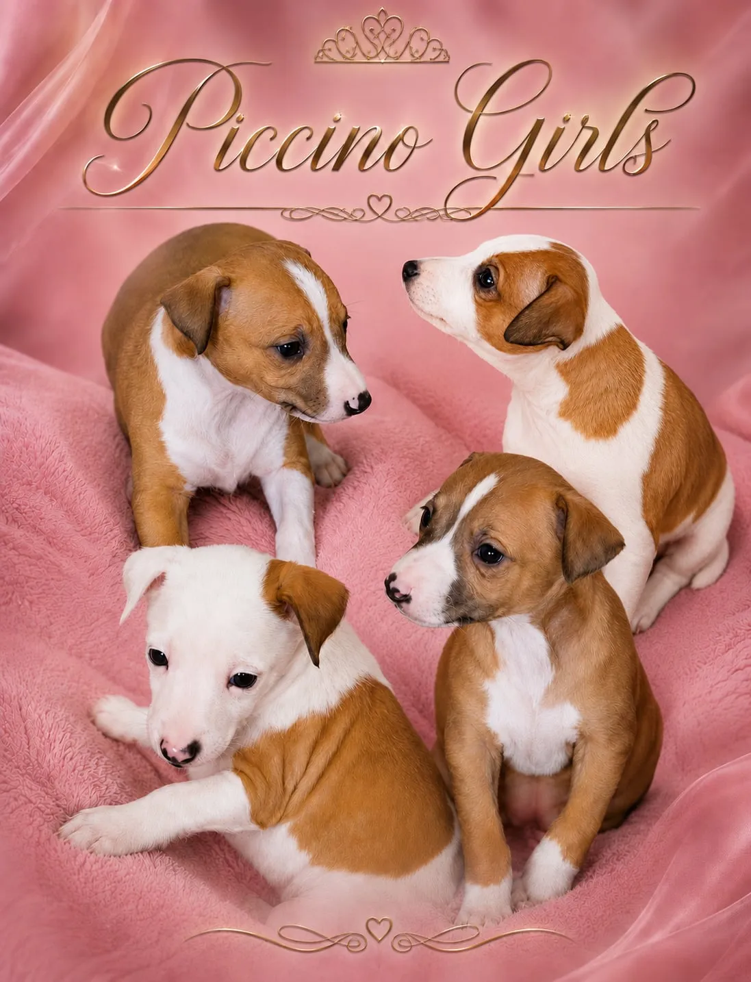 Four Piccino girl puppies, fawn and white, together on a pink blanket.