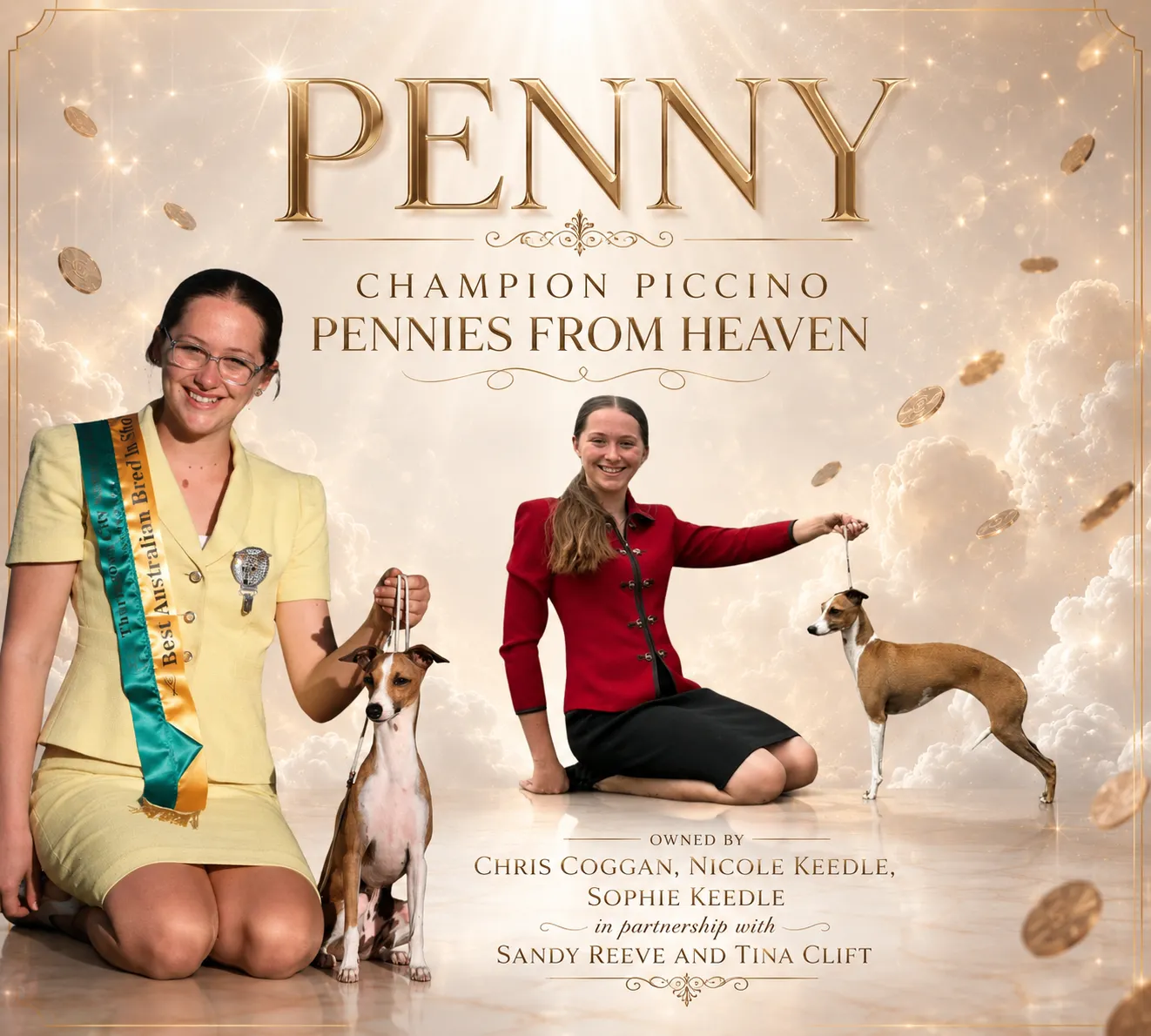 Poster for Penny, a red and white Italian Greyhound, shown being presented in the ring by Sophie Keedle in two photographs against a golden sky of falling coins.